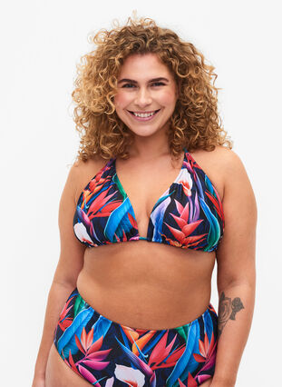 Zizzi Trekants bikini bh med print, Bright Leaf, Model image number 0