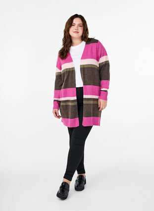 Zizzi Lang strikcardigan med brede striber, Fuchsia Red Mel.Comb, Model image number 2