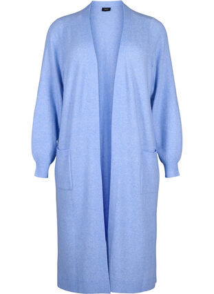 Zizzi Lang strikcardigan med lommer, Cornflower Blue Mel., Packshot image number 0