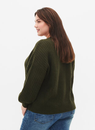 Zizzi Ribstrikket cardigan med knapper, Forest Night Mel., Model image number 1