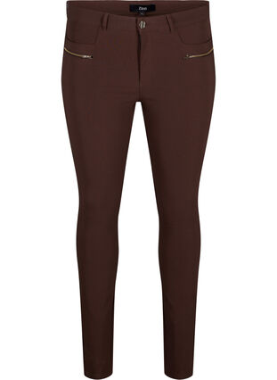 Zizzi Tætsiddende bukser med lynlås detaljer, Coffee Bean, Packshot image number 0