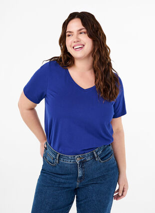 Zizzi Ensfarvet basis t-shirt i bomuld, Sodalite Blue, Model image number 0