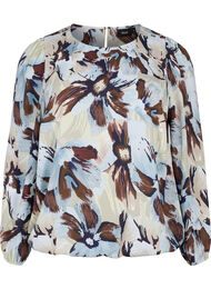 Langærmet bluse med print og knap, Grey Flower AOP