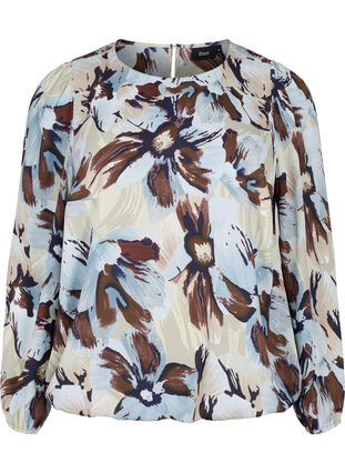 Zizzi Langærmet bluse med print og knap, Grey Flower AOP, Packshot image number 0