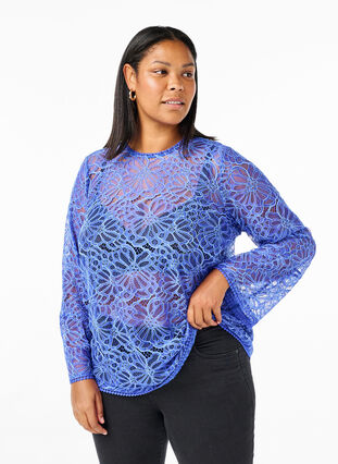 Zizzi Blondebluse med rund hals og lange ærmer, Dazzling Blue, Model image number 0