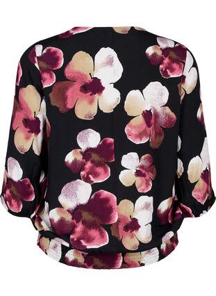 Zizzi Viskosebluse med print og smock, Black Pink FlowerAOP, Packshot image number 1