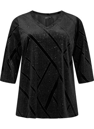 Zizzi Velourbluse med glitter og 3/4 ærmer, Black, Packshot image number 0