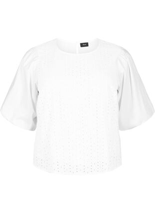 Zizzi Bluse med pufærmer og hulmønster, Bright White, Packshot image number 0