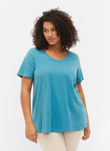 Zizzi Ensfarvet basis t-shirt i bomuld, Brittany Blue, Model image number 0