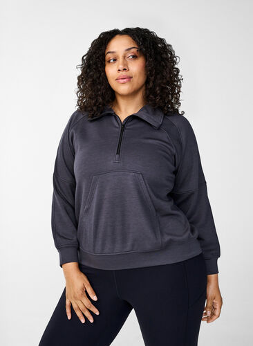 Zizzi Sporty sweatshirt med høj hals og lynlås, Asphalt, Model image number 0