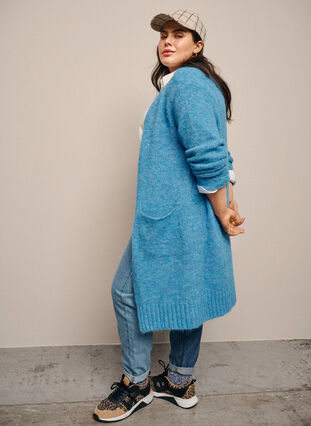 Zizzi Lang strikcardigan med uld og lommer, French Blue, Image image number 0