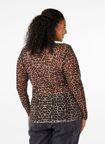 Zizzi Mesh bluse med leopard mønster, LEO AOP, Model image number 1