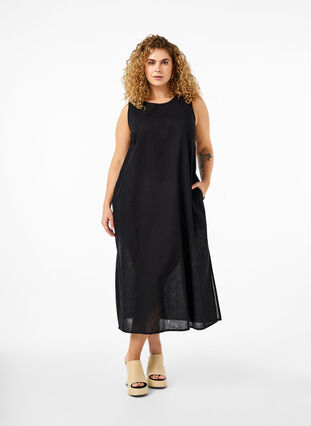 Zizzi Ærmeløs kjole i bomuldsmix med hør, Black, Model image number 0