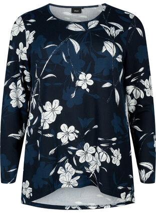Zizzi Blomstret bluse med lange ærmer, Navy B. Flower AOP, Packshot image number 0