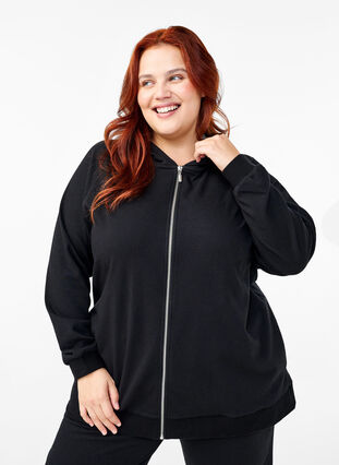 Zizzi Sweatcardigan med hætte og lommer, Black, Model image number 0