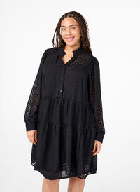 Kort kjole med tekstur og flæsekrave, Black, Model