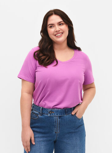 Zizzi Ensfarvet basis t-shirt i bomuld, Iris Orchid, Model image number 0