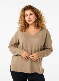 Strikbluse med v-hals, Desert Taupe Melange, Model