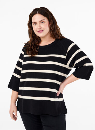 Zizzi 3/4 ærmet strikbluse med striber, Black Birch Stripes, Model image number 0