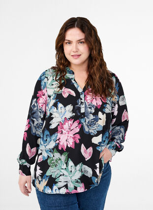 Zizzi Langærmet bluse med blomsterprint, Rose Flower AOP, Model image number 0