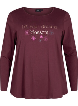 Zizzi Natbluse i bomuld med tekstprint, Fig w. Blossom, Packshot image number 0