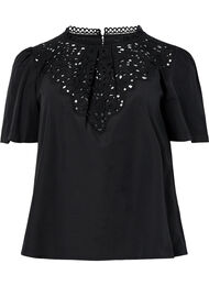 Bluse med broderi anglaise og 1/2 ærmer, Black