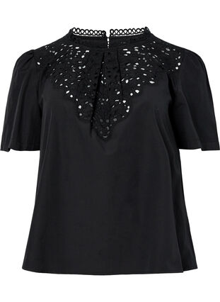 Zizzi Bluse med broderi anglaise og 1/2 ærmer, Black, Packshot image number 0