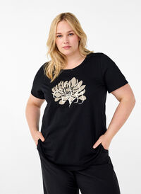 T-shirt med motiv, Black w. Flower, Model