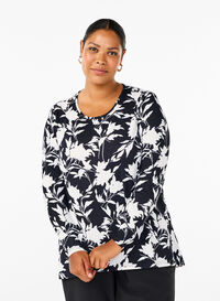 Blomstret bluse med lange ærmer, Night Sky Flower AOP, Model