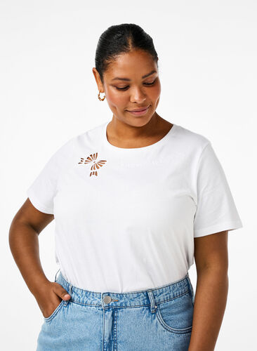 Zizzi T-shirt i økologisk bomuld med sløjfedetalje, Bright White, Model image number 0