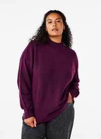 Strikbluse med uld og høj hals, Potent Purple Mel., Model