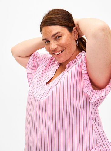 Zizzi Stribet bluse med peplum og flæsedetaljer, Pink Red Stripe, Image image number 0