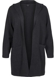 Lang strik cardigan med uld og hætte, Dark Grey Melange