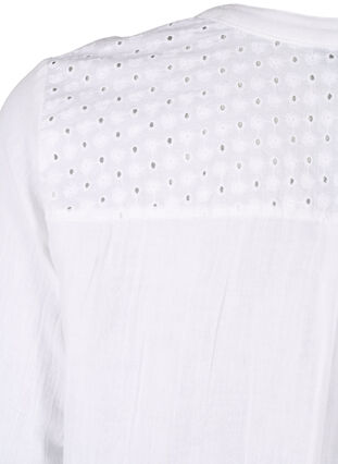 Zizzi Bluse i bomuld med broderi anglaise og 3/4 ærmer, Bright White, Packshot image number 3