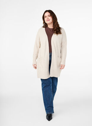 Zizzi Meleret strik cardigan med lommer, Pumice Stone Mel., Model image number 2