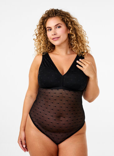 Zizzi Bodystocking med prikket mesh og udtagelige puder, Black, Model image number 0