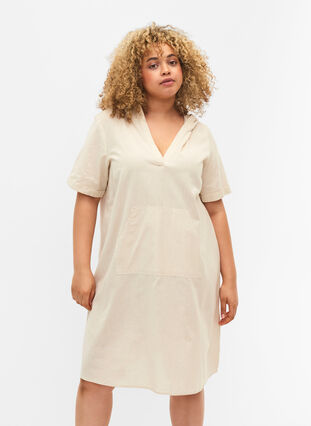 Zizzi Kortærmet kjole med hætte, Sandshell, Model image number 0