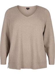 Strikbluse med v-hals, Desert Taupe Melange