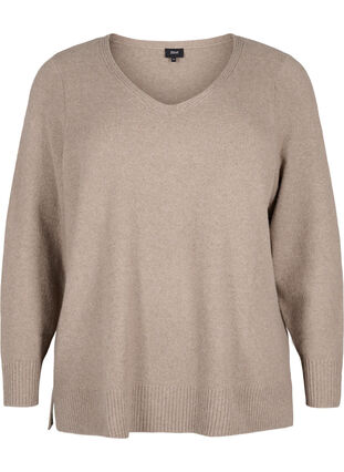 Zizzi Strikbluse med v-hals, Desert Taupe Melange, Packshot image number 0