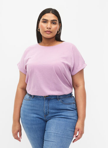 Zizzi Kortærmet t-shirt i bomuldsblanding, Lavender Mist, Model image number 0