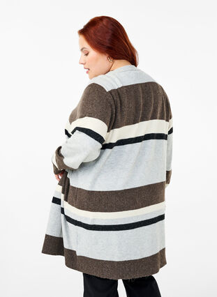 Zizzi Lang strikcardigan med brede striber, Light Grey Mel.Comb, Model image number 1