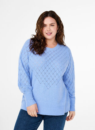 Zizzi Strikbluse med hulmønster, Cornflower Blue Mel., Model image number 0