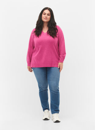 Zizzi Meleret strikbluse med v-hals, Rose V. w. White Mel, Model image number 2