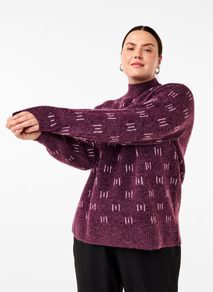 Zizzi Strikbluse med mønster og høj hals, Potent P. Mel. Comb, Model image number 0