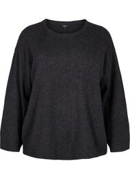 Strikbluse med rund hals og midtersøm, Dark Grey Melange