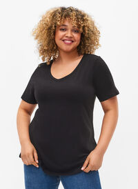 Ensfarvet basis t-shirt i bomuld, Black, Model