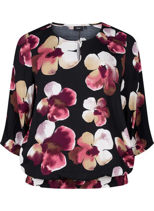 Zizzi Viskosebluse med print og smock, Black Pink FlowerAOP, Packshot image number 0