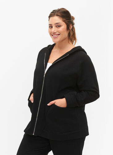 Zizzi Sweat cardigan med hætte, Black, Model image number 0