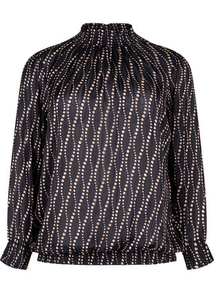 Zizzi Printet bluse med smock, Black Weaves AOP, Packshot image number 0