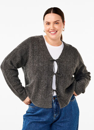 Zizzi Strikket cardigan med bindedetaljer, Dark Grey Melange, Model image number 0